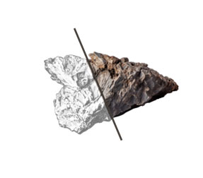 A stone, half engraving and half color, split by a diagonal line.