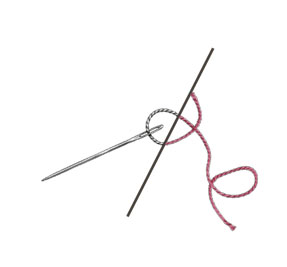 A needle and thread, half engraving and half color, split by a diagonal line.