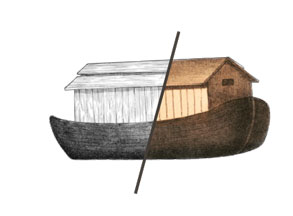 Noah’s ark, half engraving and half color, split by a diagonal line.