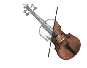 A violin, half engraving and half color, split by a diagonal line.